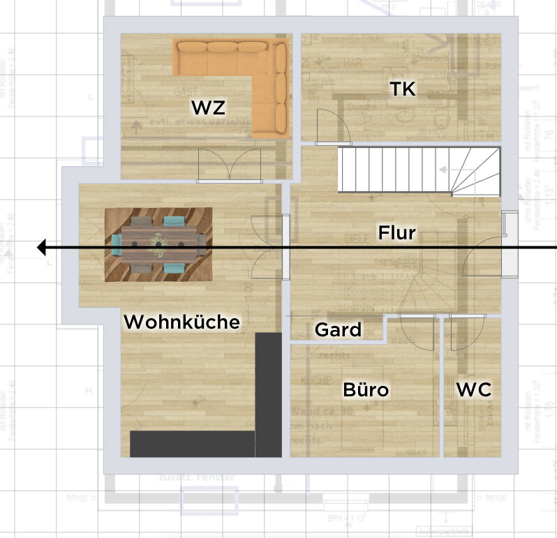 Grundriss: Wohnzimmer (WZ) mit Sofa, Wohnküche mit Esstisch, Flur, Garderobe, Büro, WC, TK.