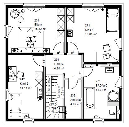 2D Grundriss eines Wohnhauses mit Eltern- und Kinderzimmern, Küche, Bad und Treppe.