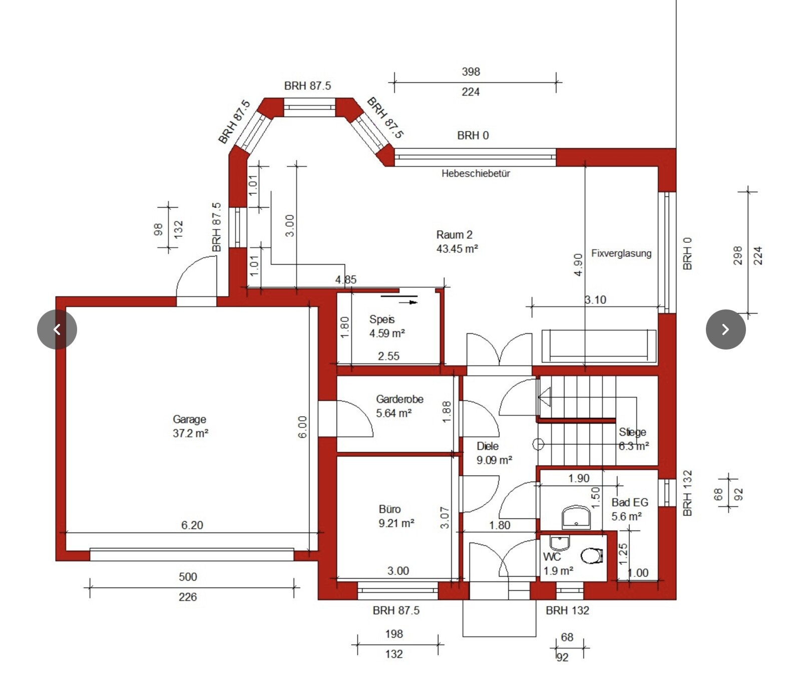 Grundriss eines Hauses mit roter Umrandung, Garage, Büro, Diele und Garderobe
