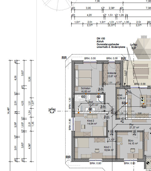 Grundriss eines Hauses mit Schlafen, Kind 1, Kind 2, Ankleide, Büro, Bad und Flur