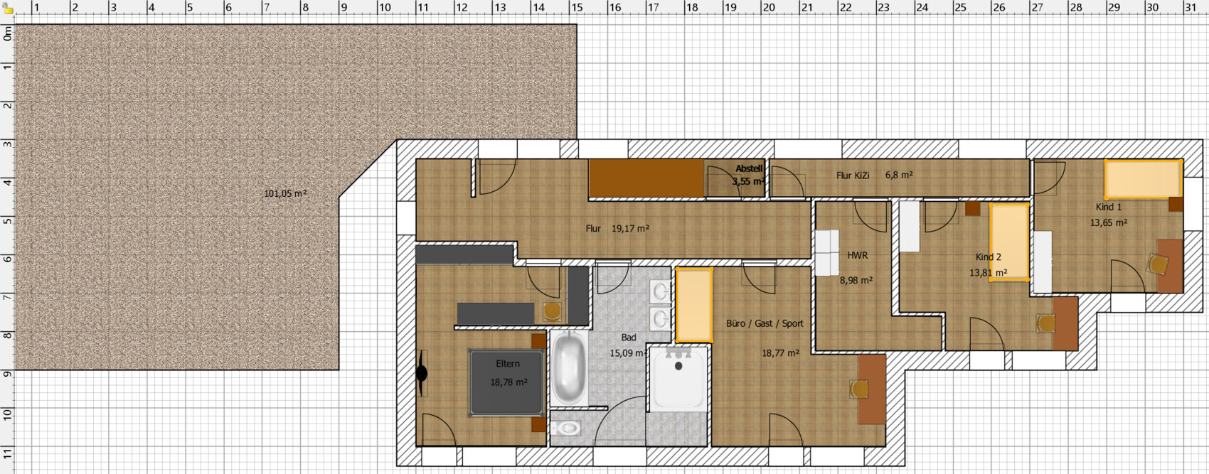 2D-Grundriss-eines-Hauses-mit-Fluren-Schlafzimmer-Bad-und-Kueche