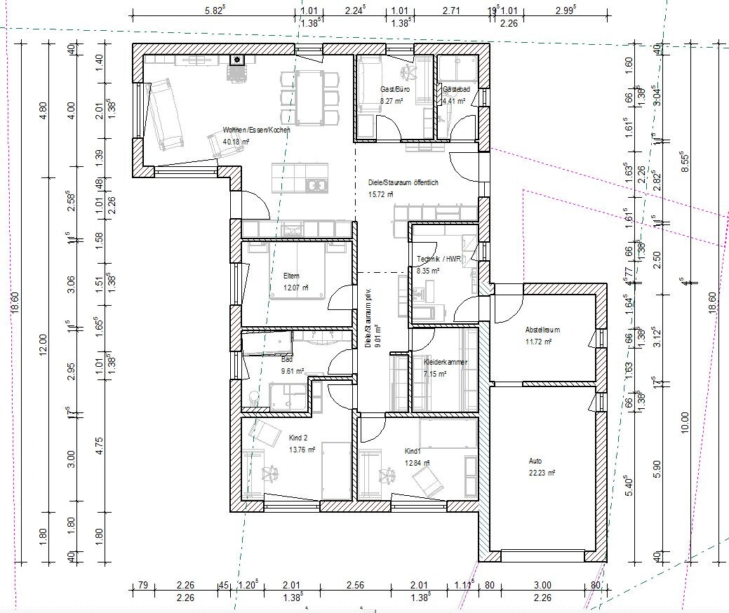 Grundriss Einfamilienhaus: Wohnen/Essen/Kochen, Eltern- und zwei Kinderzimmer, Bad, HWR, Garage.