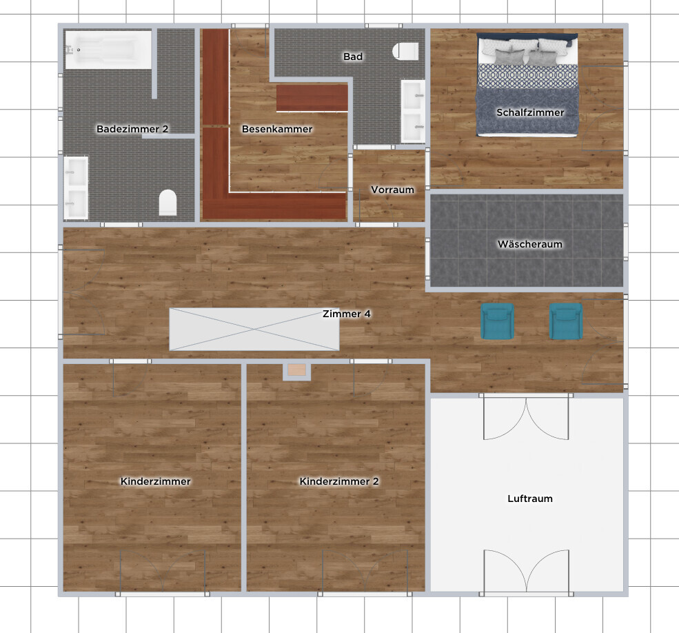 Grundriss eines Hauses mit beschrifteten Räumen: Schlafzimmer, Bad, Badezimmer 2, Wäscheraum, Kinderzimmer, Zimmer 4.
