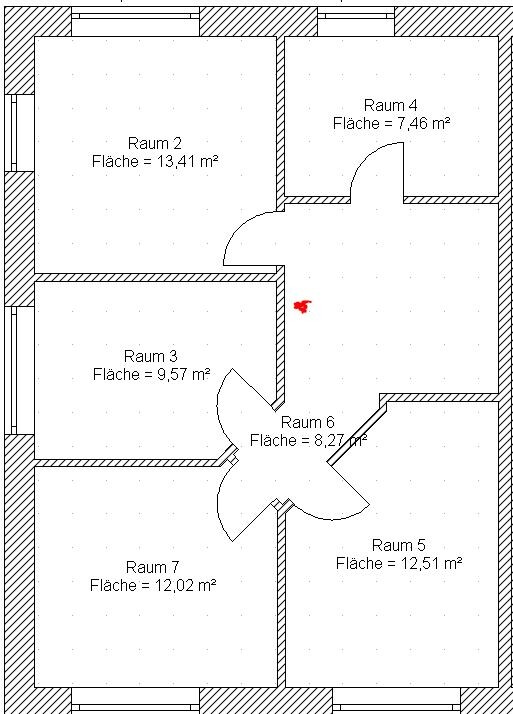 Grundriss eines Gebäudes mit sechs Räumen (Raum 2–7) und Flächenangaben in m².