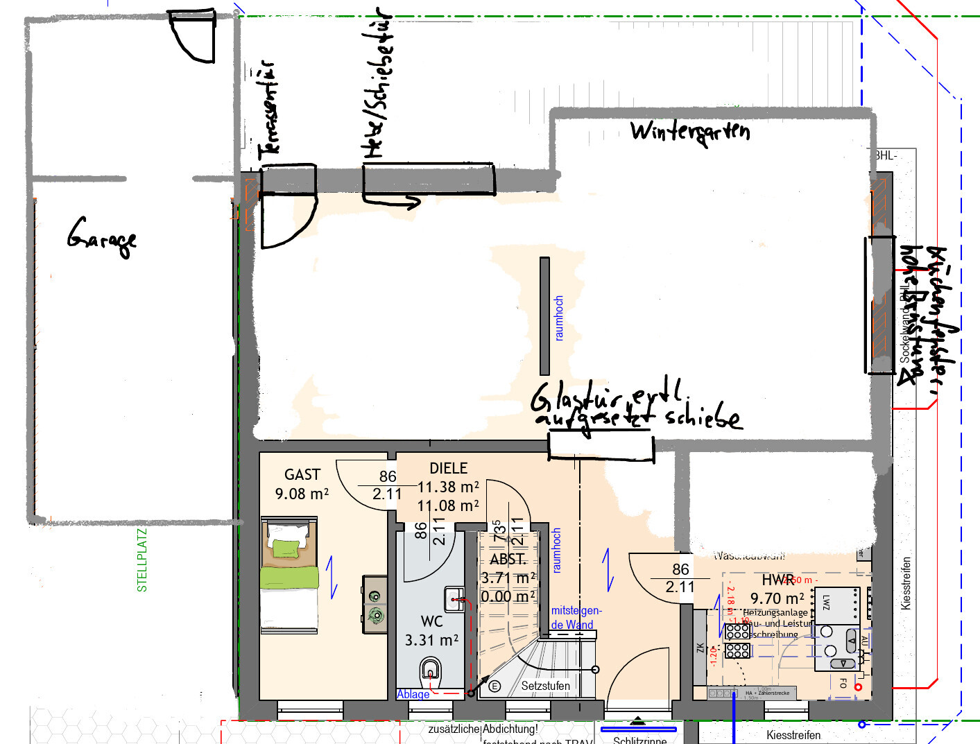 Detaillierter Grundriss eines Hauses mit Garage, Gästezimmer, Diele, WC und Küche