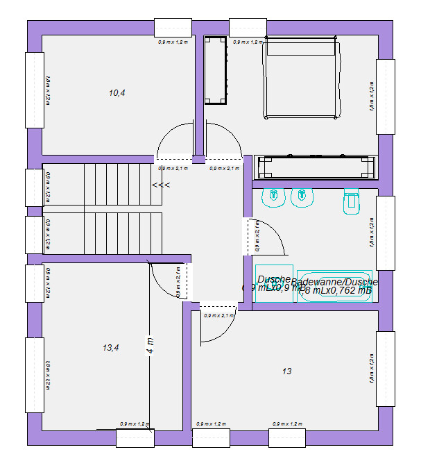Grundriss eines Hauses mit mehreren Zimmern, Treppenhaus und Badezimmer mit Dusche.