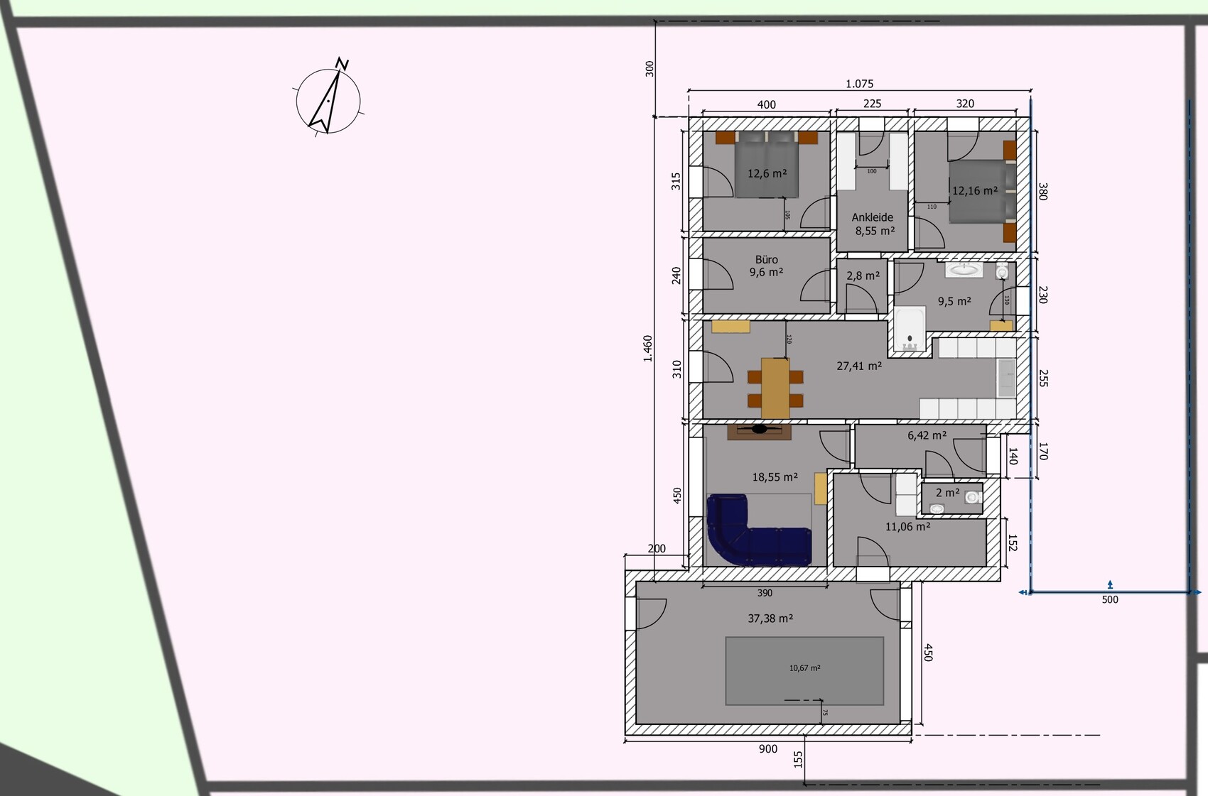 Grundriss eines Hauses mit Wohnzimmer, Küche, Bad, Garage, Schlafzimmer, Ankleide.