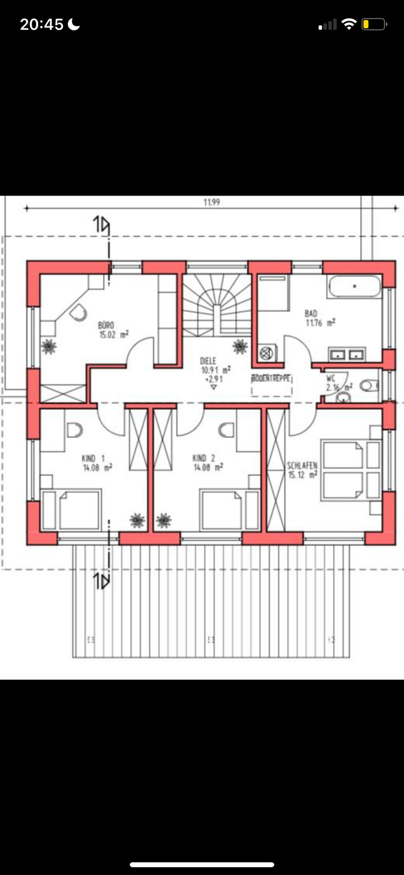 2D-Grundriss eines Hauses mit Büro, zwei Kinderzimmern, Schlafzimmer, Diele, Bad und WC