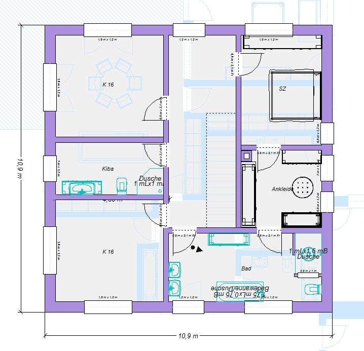 Grundriss eines Hauses mit Räumen: Wohnzimmer, Küche, Schlafzimmer, Bad, Dusche, Ankleide.