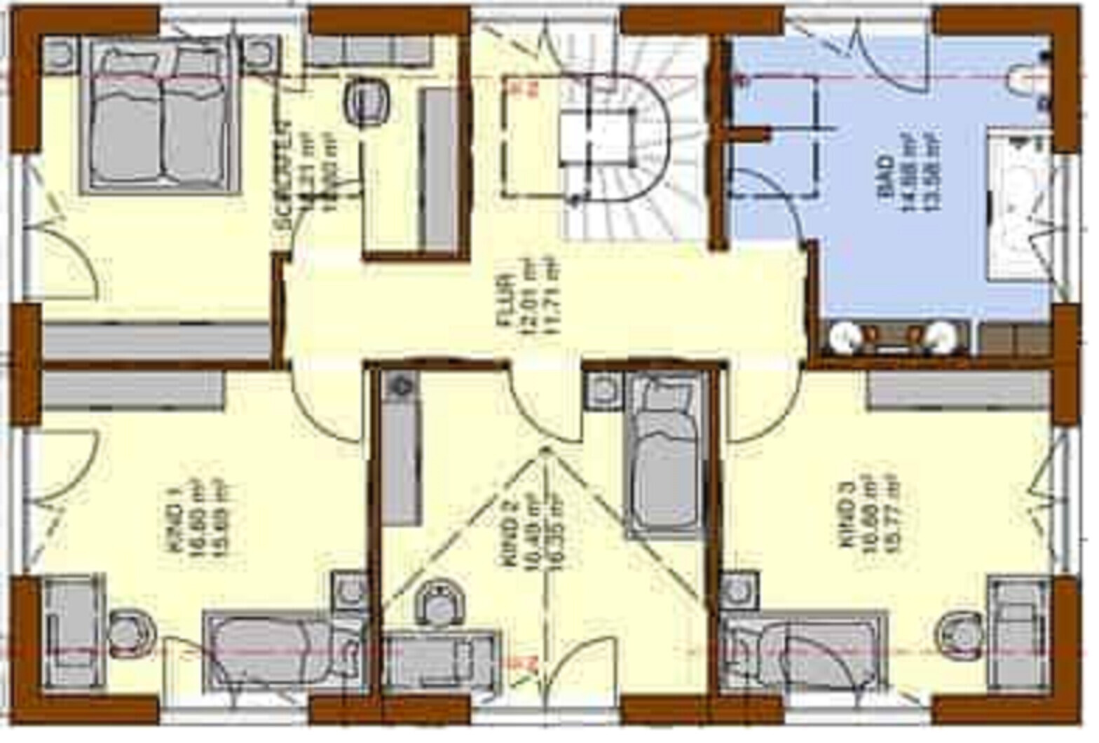 Grundrissplan eines Hauses mit mehreren Zimmern, Flur und Treppen