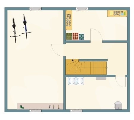 2D-Hausgrundriss mit Treppe, Küche und offenen Räumen, Grundrisszeichnung