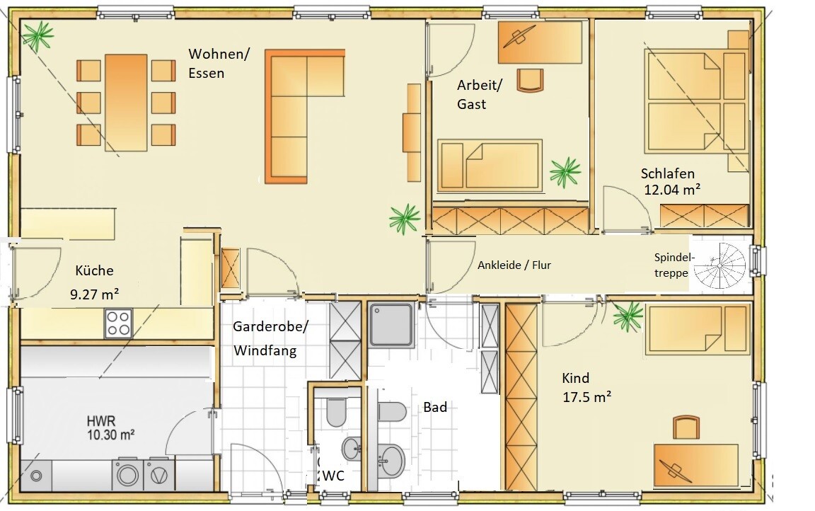 Grundriss eines Einfamilienhauses mit Küche, Wohnen/Essen, Schlafen, Kind, Bad und Flur.