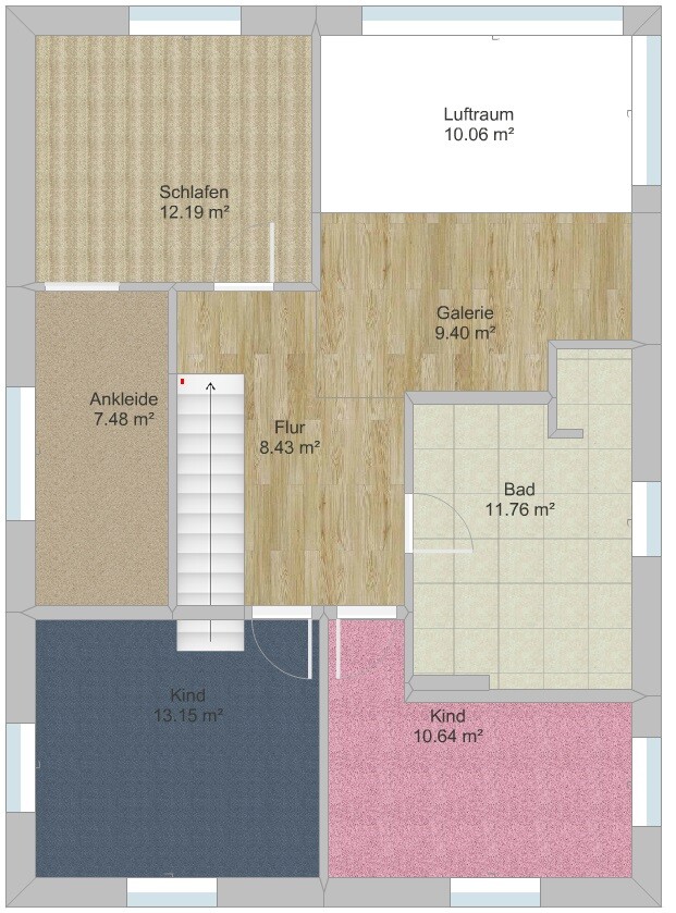 Grundriss eines Hauses mit Schlafzimmer, Bad, Flur, Galerie und Kinderzimmern