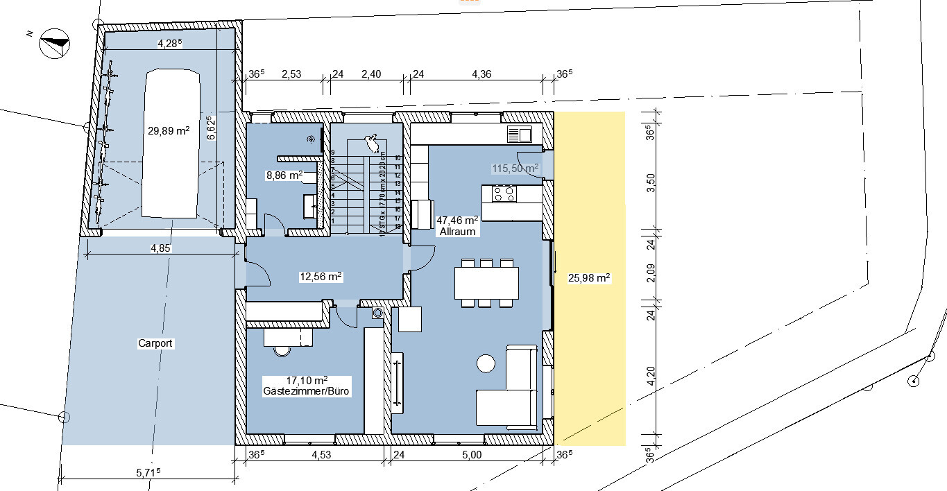 Grundriss eines Hauses: Carport links, Garage, Gästezimmer/Büro, Allraum, Küche, Terrasse rechts.