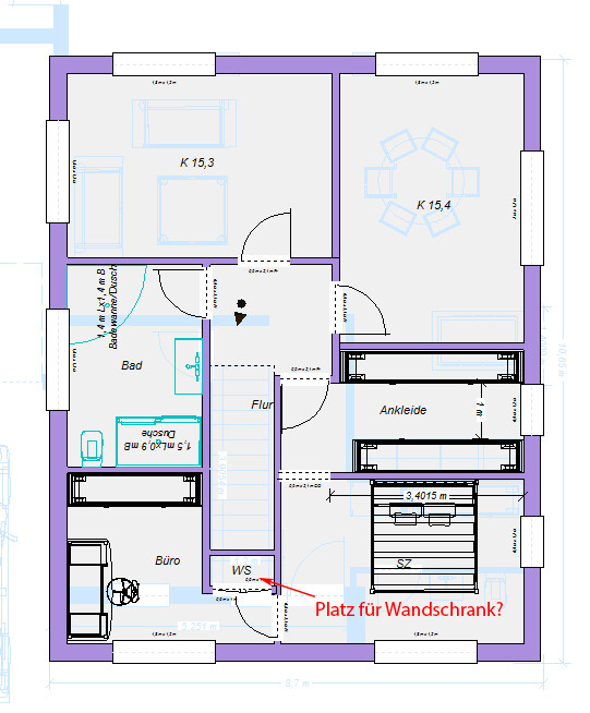 Grundriss eines Hauses mit Bad, Büro, Ankleide, Flur und zwei Wohnräume.