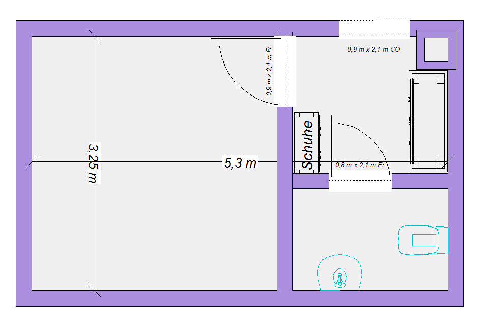 Grundriss einer Wohnung: links offenes Zimmer, rechts Schuhschrank, daneben Bad mit Toilette.