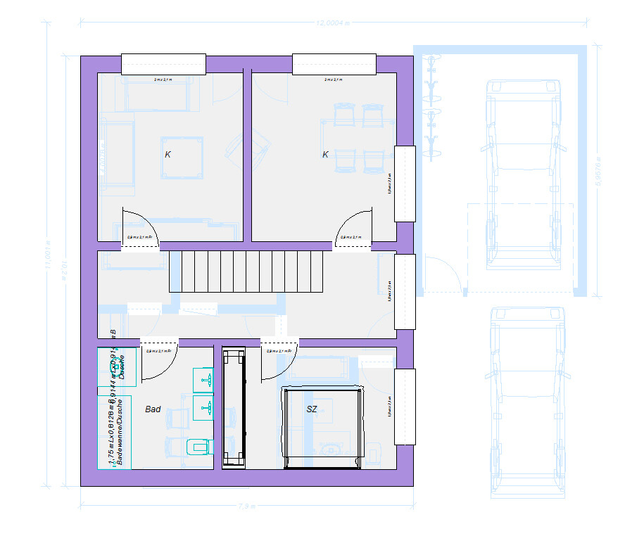 Grundriss eines Hauses: Erdgeschoss mit Küche, Bad, Schlafzimmer, Flur, Treppe und Garage.