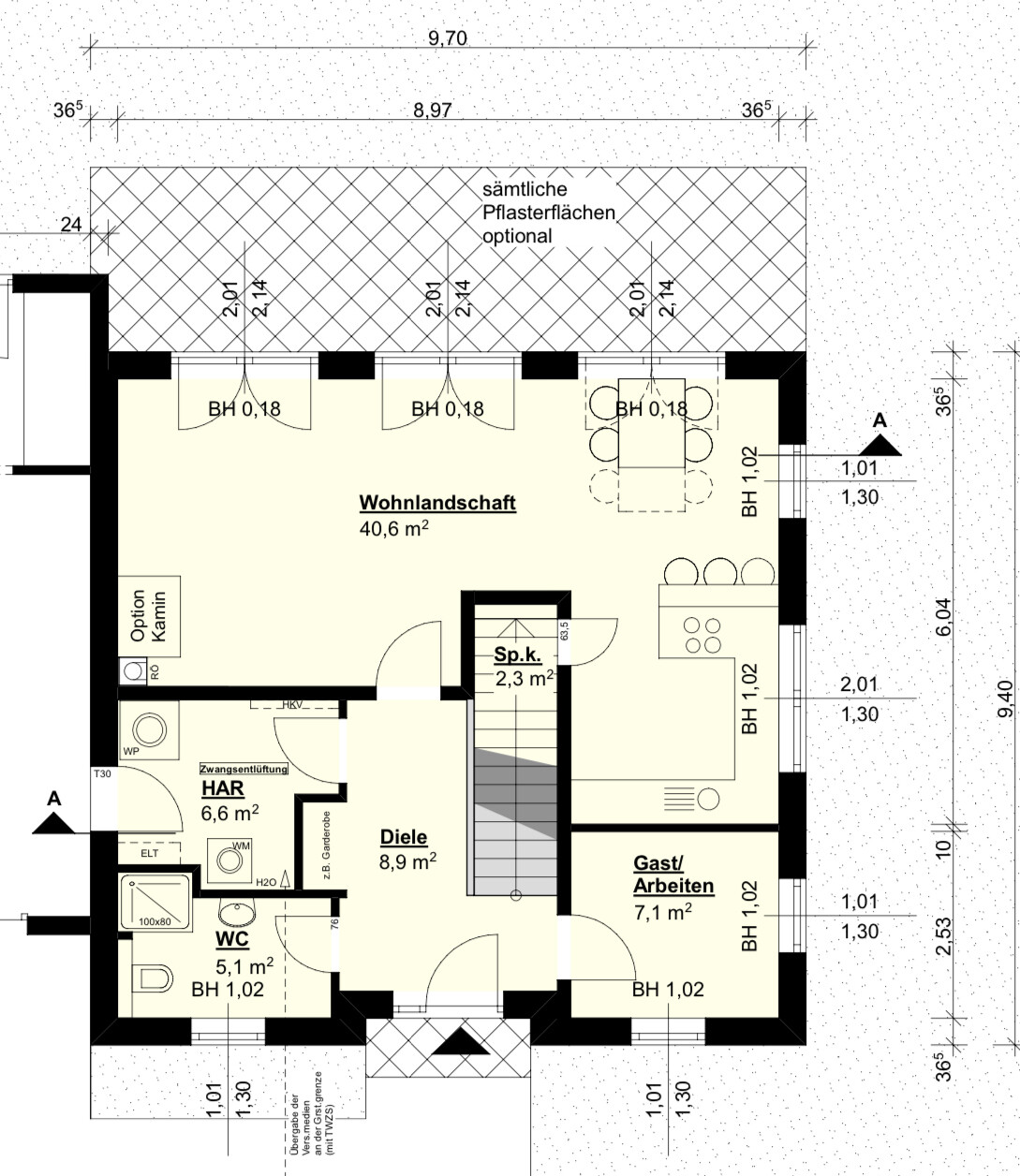 Grundriss Erdgeschoss: offener Wohnbereich, Küche, Gästezimmer, Diele, HAR, Spk., WC, Treppe