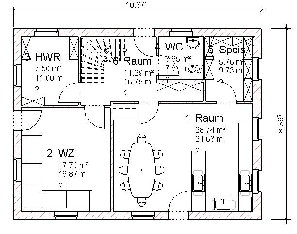 Grundriss eines Hauses mit Wohnzimmer, Essbereich, Küche, Speis, WC, HWR.