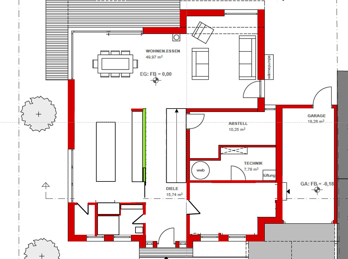 Grundriss eines Hauses: Offener Wohn- und Essbereich, Küche, Abstellraum, Technik, Diele, Garage.