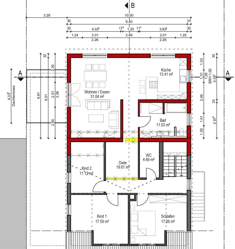 Grundriss eines Wohnhauses: Wohnzimmer, Küche, Bad, WC, Diele, Kinderzimmer 1&2, Schlafzimmer.