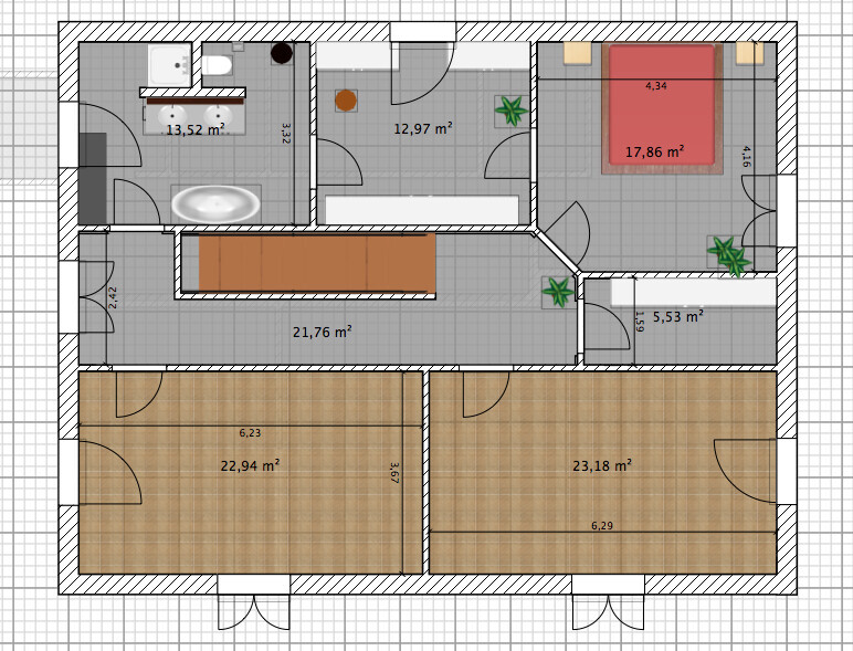 Grundriss eines Hauses mit mehreren Zimmern, Türen, Bad links und Schlafzimmer oben rechts.