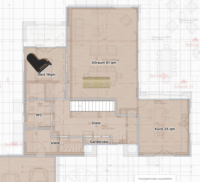 Grundriss eines Hauses: Allraum 61 qm, Gast 19 qm (Klavier), Diele, Garderobe, Küche 25 qm, WC, HWR