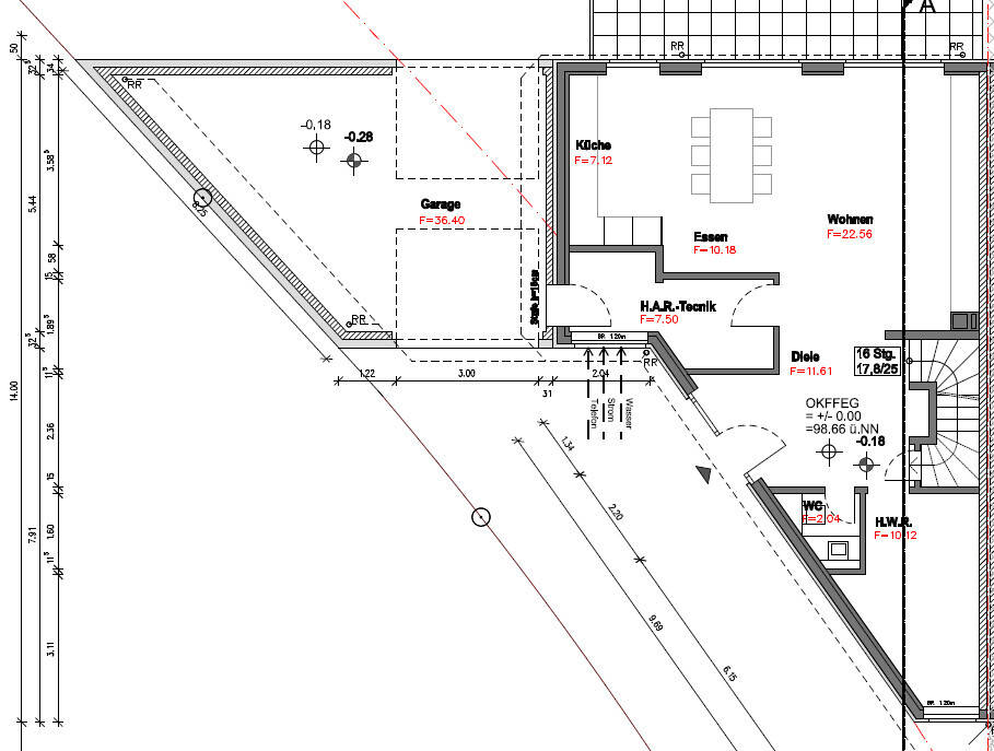Grundrissplan eines Hauses mit Garage, Küche, Essbereich und Wohnzimmer