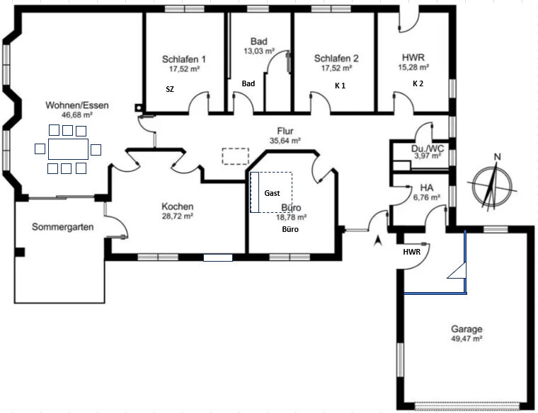 Grundriss eines Hauses: Wohnen/Essen, Küche, Flur, Schlafen 1, Schlafen 2, Bad, Du/WC, Büro, Garage.
