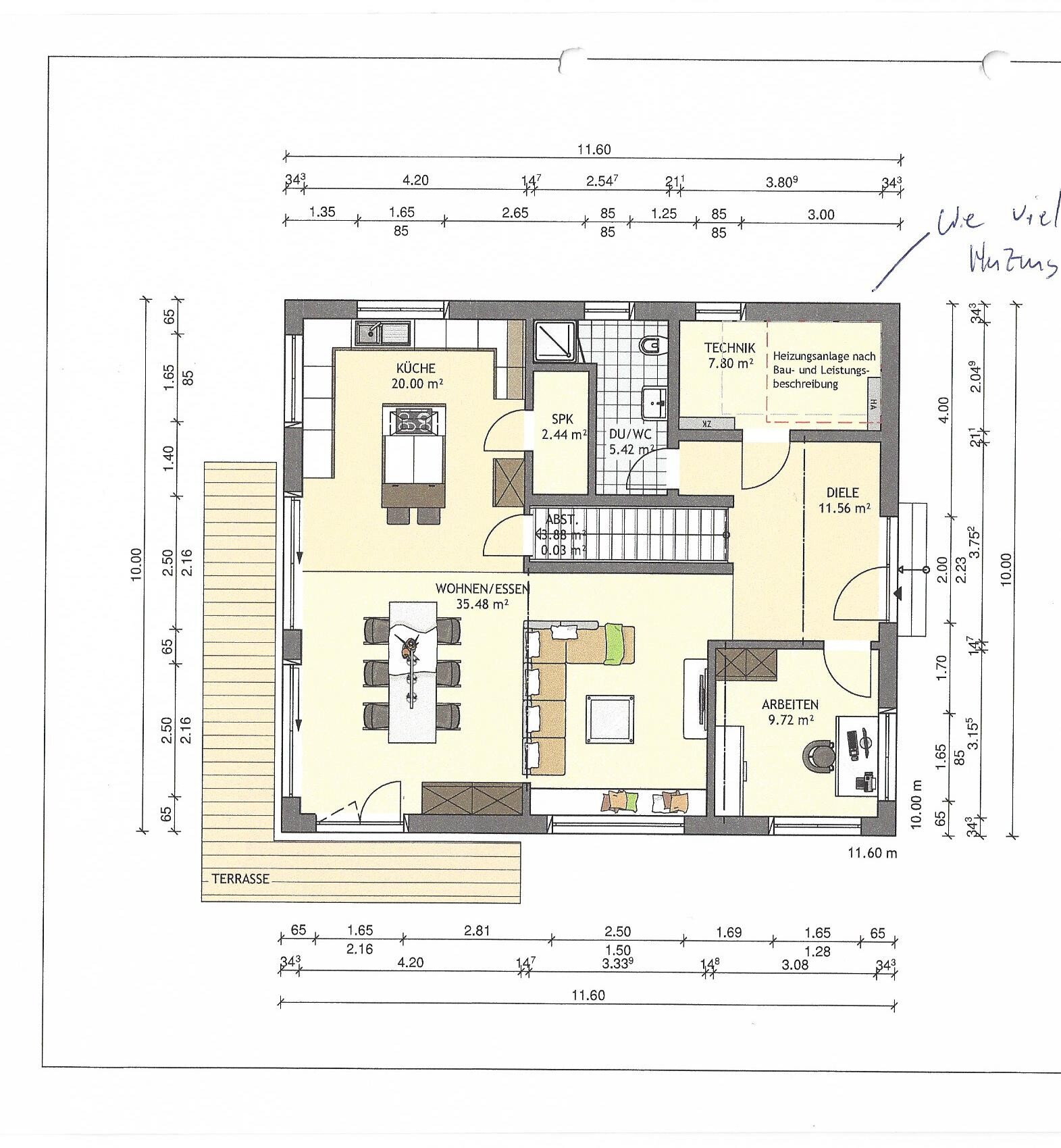 Grundrissplan eines Hauses mit Küche, Wohnen/Essen, Arbeiten, Diele und Technik.