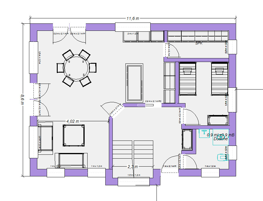 Grundriss eines Hauses: offener Wohn-/Essbereich, Küche, zwei Schlafzimmer, Bad, Treppenaufgang.