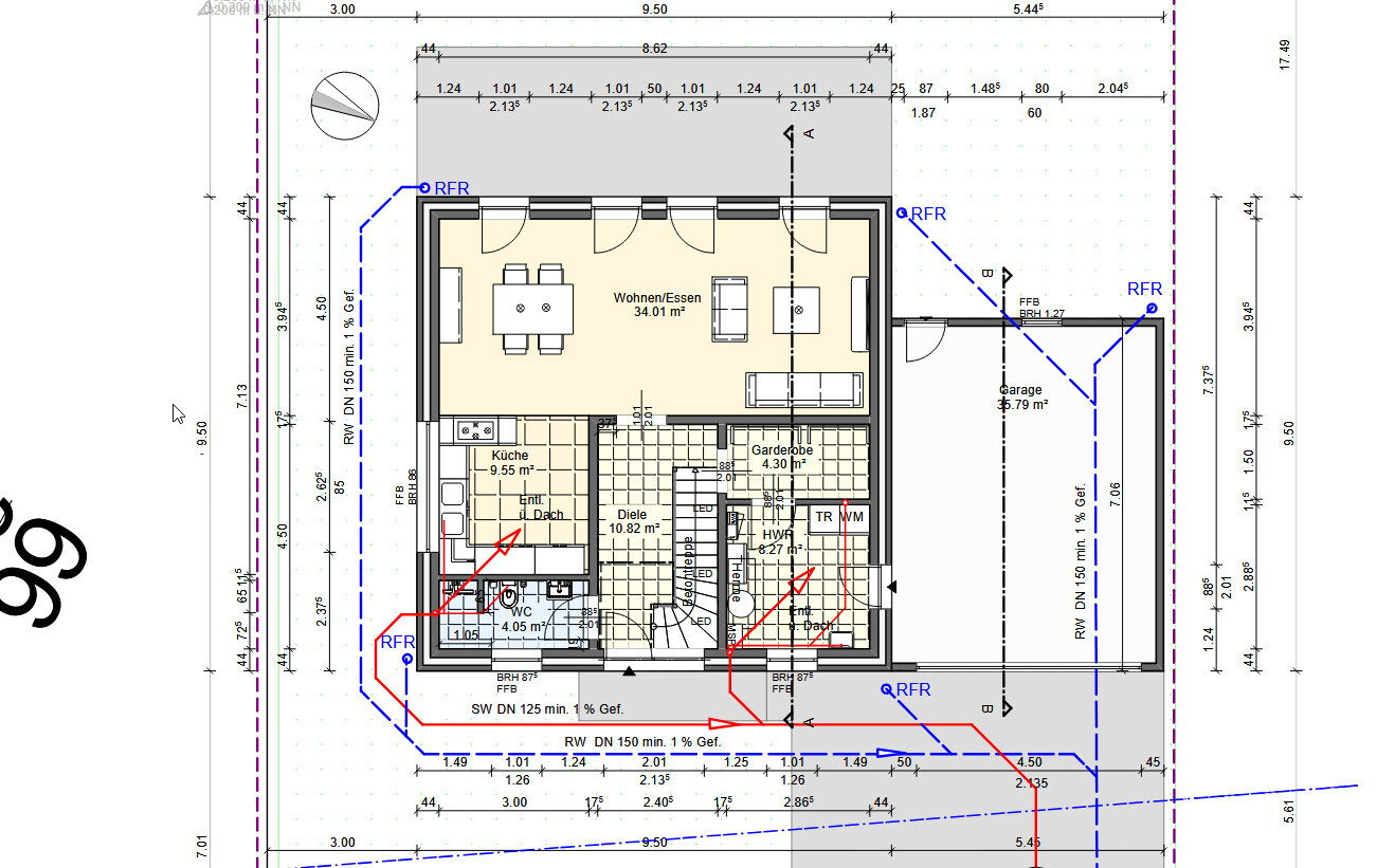 Grundriss eines Hauses mit Wohnzimmer, Küche, Diele, Garderobe, HWR und Garage