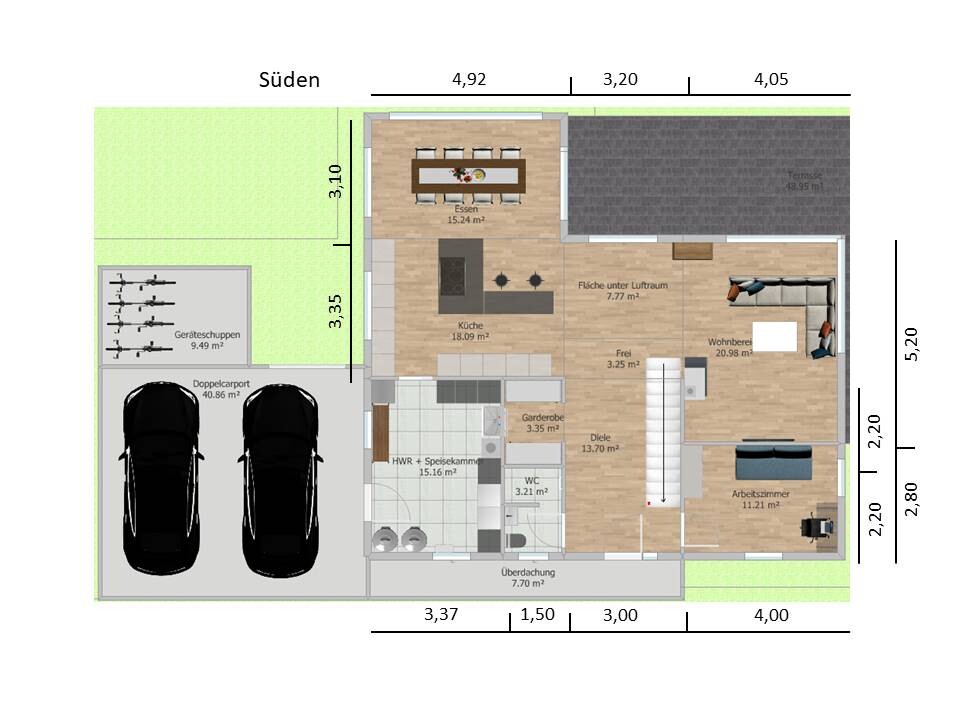 Grundriss: Küche, Essbereich, Wohnzimmer, Arbeitszimmer, Flur, WC, HWR, Terrasse, Carport, Garten
