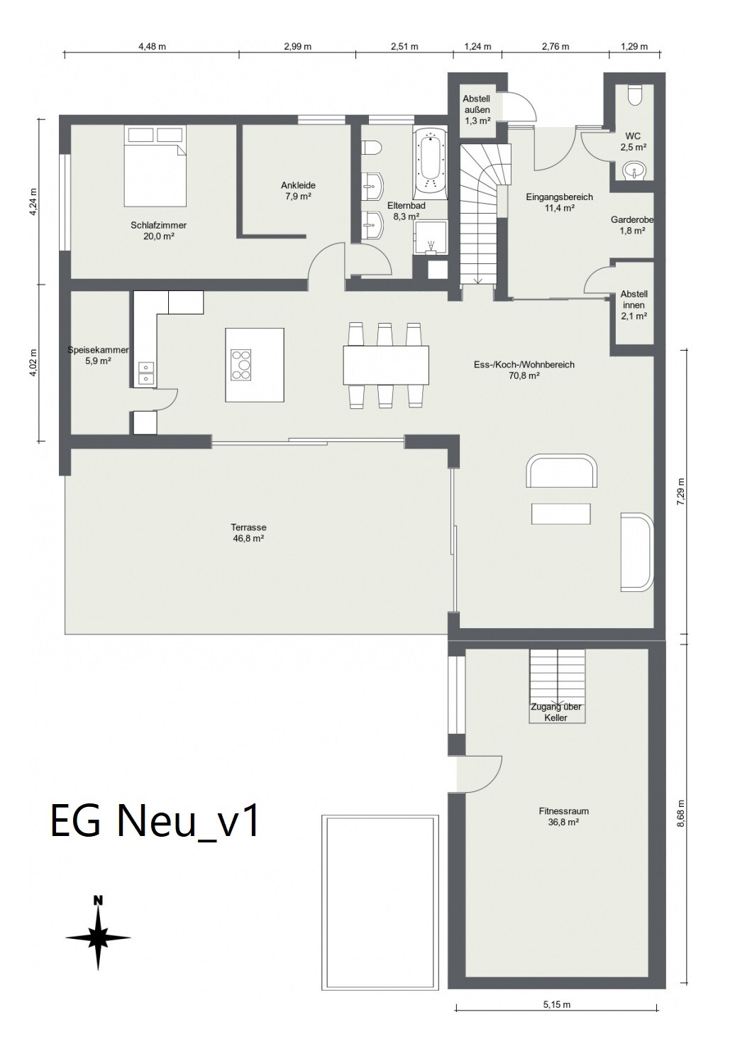Grundriss EG: Schlafzimmer, Ankleide, Elternbad, offenes Wohn-/Esszimmer, Küche, Terrasse, Fitnessraum