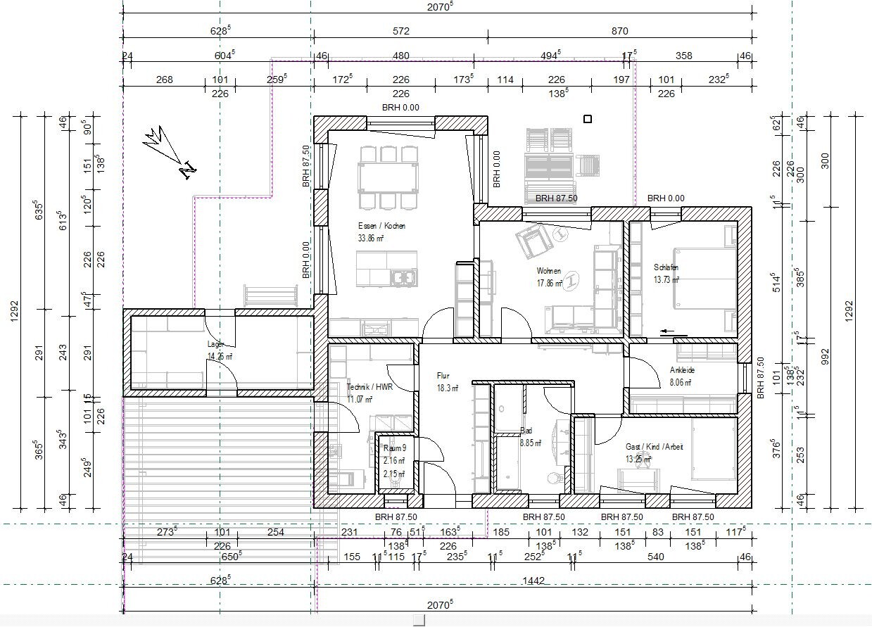 Grundriss eines Einfamilienhauses: Küche/Essen, Wohnen, Schlafen, Bad, Flur, Technik, Gästebereich