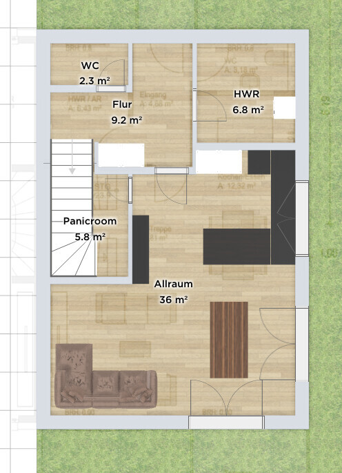 Grundriss: Allraum 36 m²; Flur 9.2 m², WC 2.3 m², HWR 6.8 m², Panicroom 5.8 m².