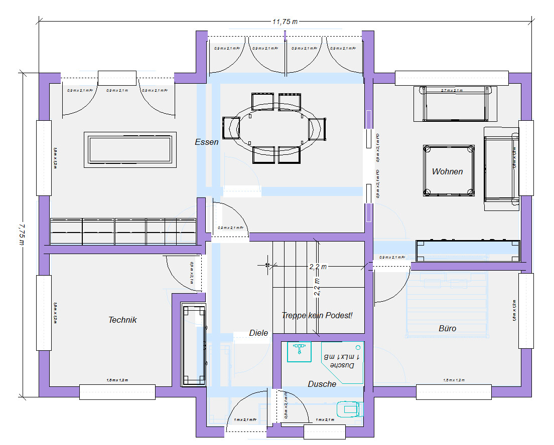 Grundriss eines Hauses: Räume Essen, Wohnen, Büro, Technik, Diele, Dusche und Treppe.