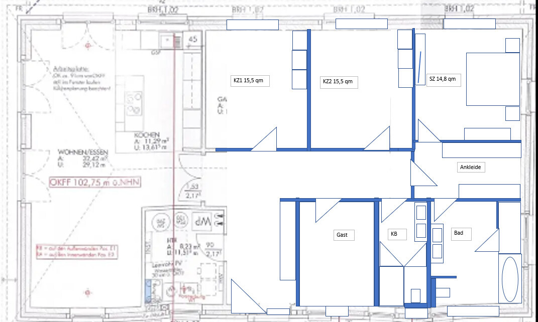 Grundriss einer Wohnung: Wohn-/Essbereich, Küche, Gästezimmer, Ankleide, Bad.