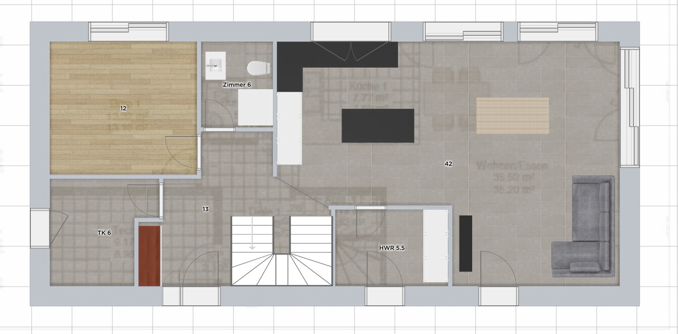 Grundriss eines Apartments: Wohnzimmer mit Esstisch und Sofa, Küche, Schlafzimmer, Bad, Treppenhaus.