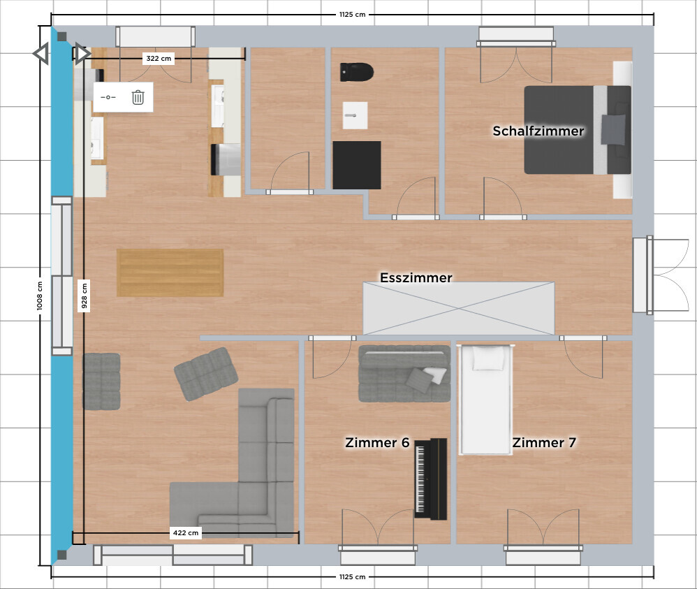 Grundriss: Wohnzimmer, Esszimmer, Schlafzimmer, Zimmer 6 und Zimmer 7; Sofa, Bett, Esstisch.