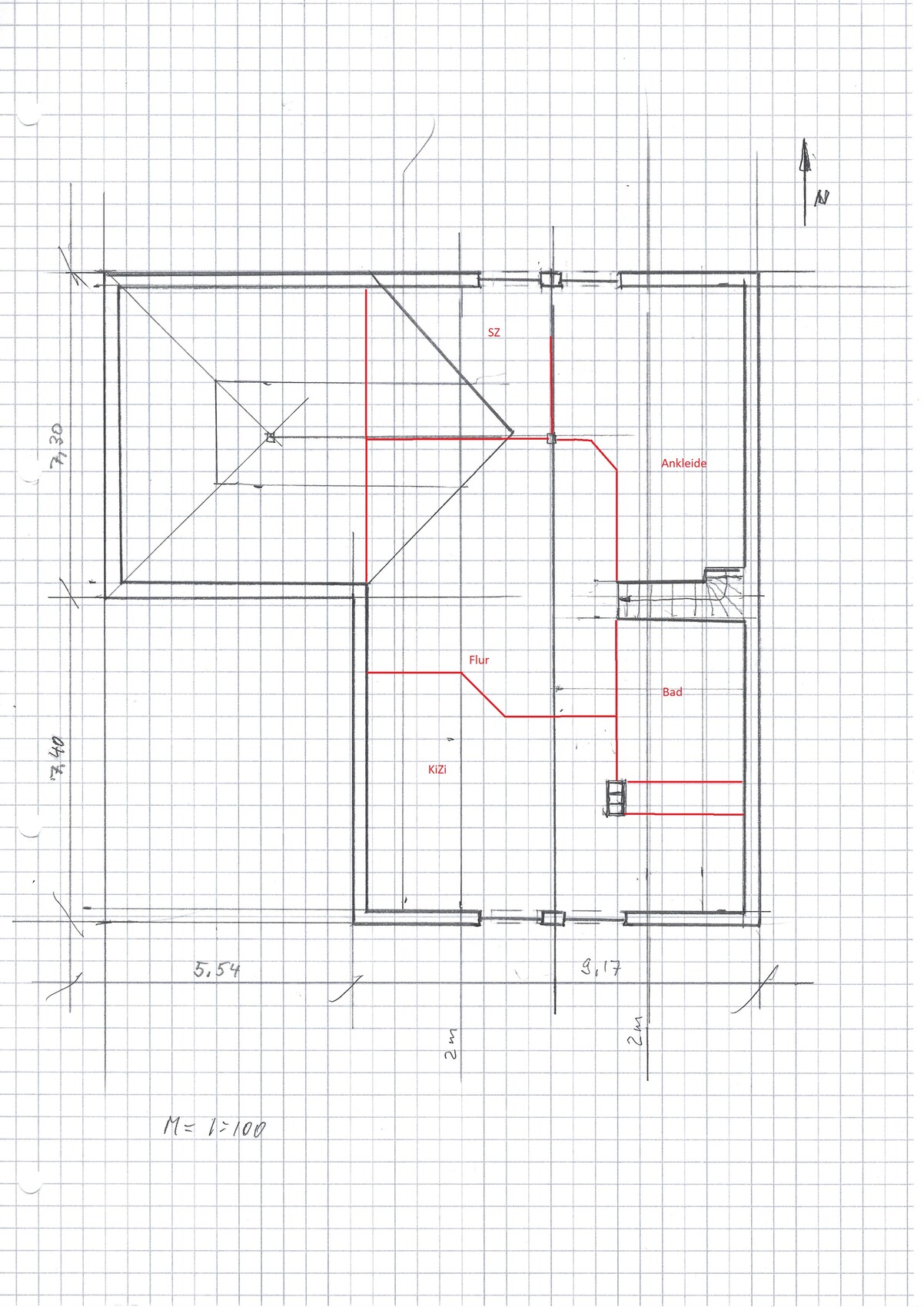 Grundriss eines Wohnhauses mit Schlafzimmer, Ankleide, KiZi, Flur und Bad; rote Linien.