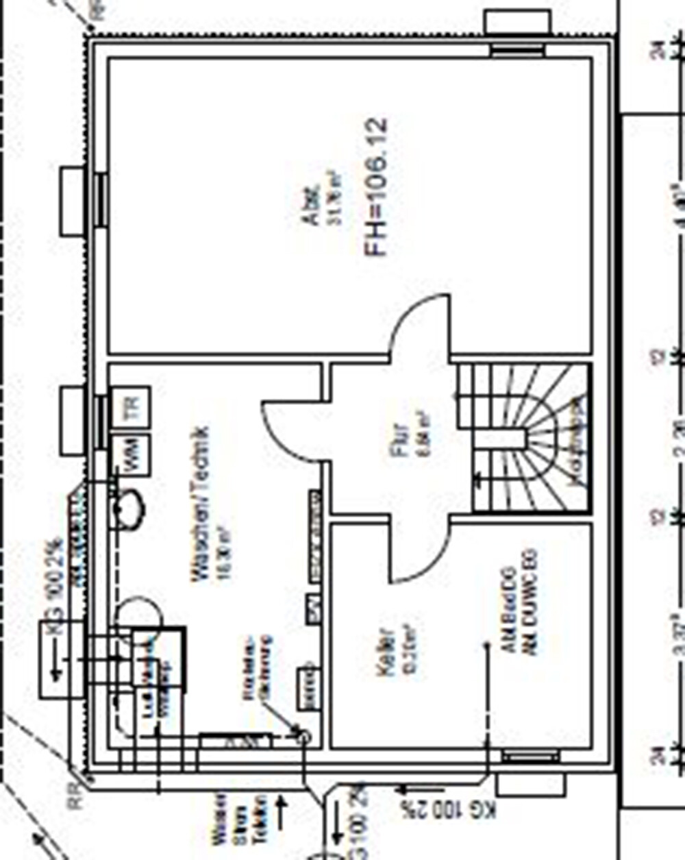 Grundriss eines Hauses: Treppe, Flur, Küche, Bad, Wohn-/Essbereich, Technik-/Waschküche.
