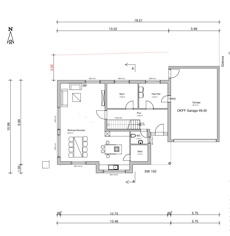 Grundriss eines Hauses mit Wohnen/Kochen, Gym, Flur, HWR, WC, Abst., Garage