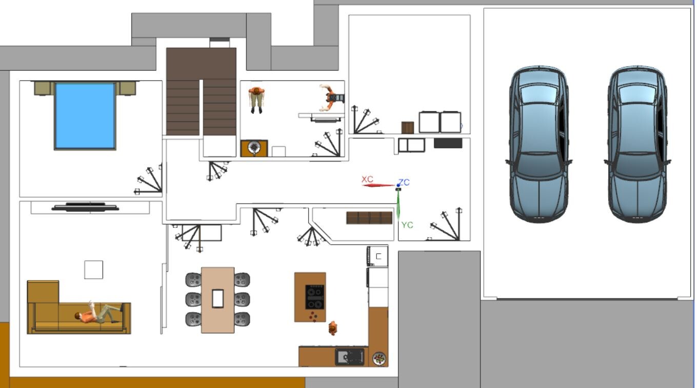 Grundriss eines Hauses: Küche mit Insel, Wohnzimmer, Essbereich,Garage mit zwei Autos