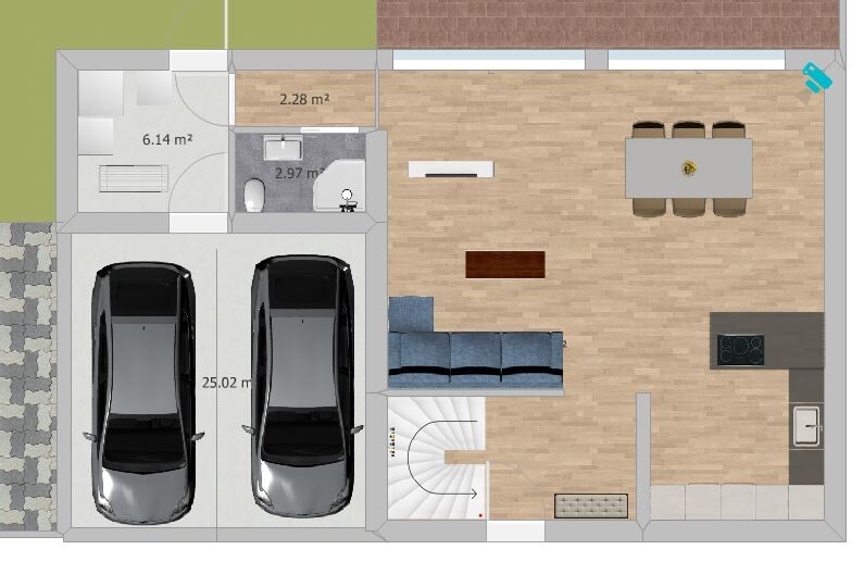 Grundriss eines Hauses mit Doppelgarage, Schlafzimmer, Bad, offenem Wohn-/Essbereich mit Küche