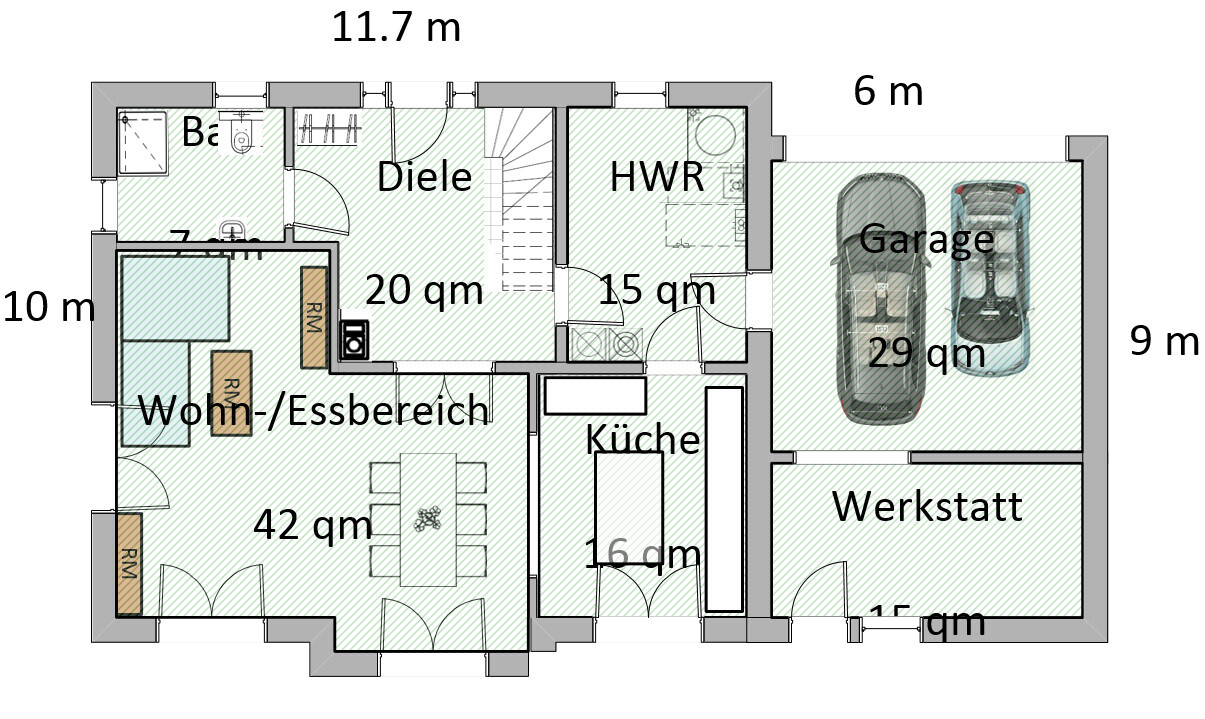 Grundriss eines Einfamilienhauses mit Garage, Werkstatt, Kueche, Wohnzimmer, Diele und HWR