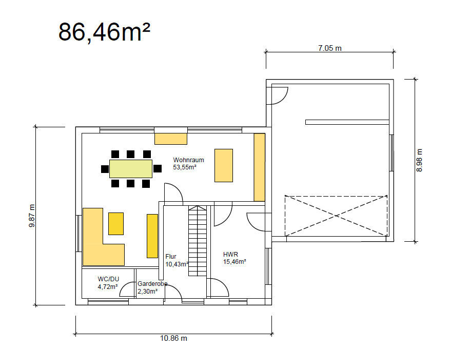 Grundriss eines Hauses: links Wohn- und Esszimmer, Flur, Garderobe, HWR, WC/DU; rechts Garage.