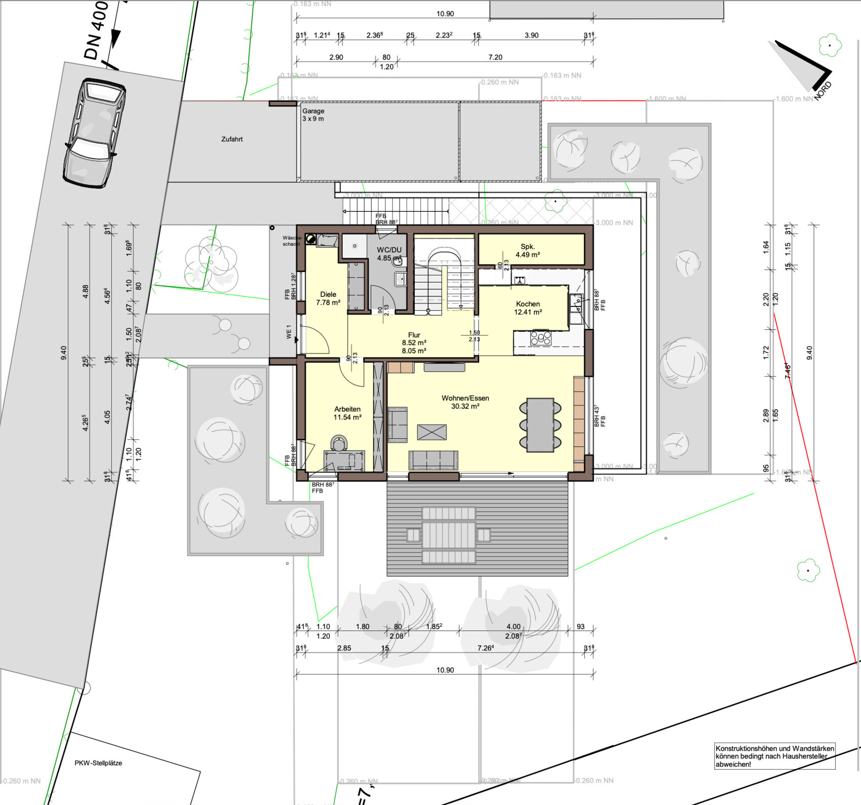 Grundriss eines Einfamilienhauses: Wohnen/Essen, Küche, Arbeiten, Diele, Flur, WC/DU, Garage.