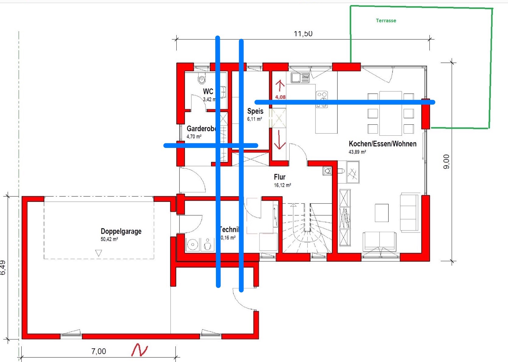 Grundriss eines Hauses: Kochen/Essen/Wohnen, Flur, WC, Garderobe, Speis, Doppelgarage und Terrasse.