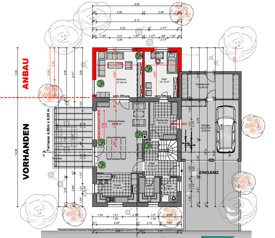 Architektonischer Grundriss eines Hauses mit Räumen, Küche, Garage und Garten.